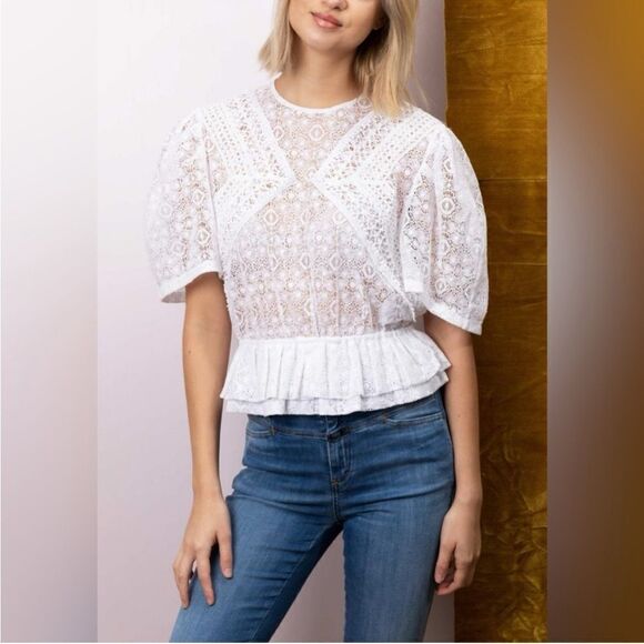 IRO Embroidered Lace Peplum Top in White 42 - Picture 2 of 12